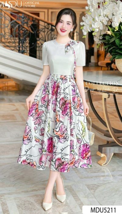 MDU5211 – CHIC FLORAL MIDI DRESS WITH A POP OF COLOR