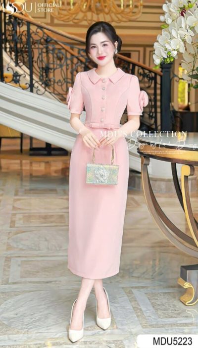 MDU5223 – CHIC PINK BUTTON-DOWN MIDI DRESS WITH PUFFED SLEEVES