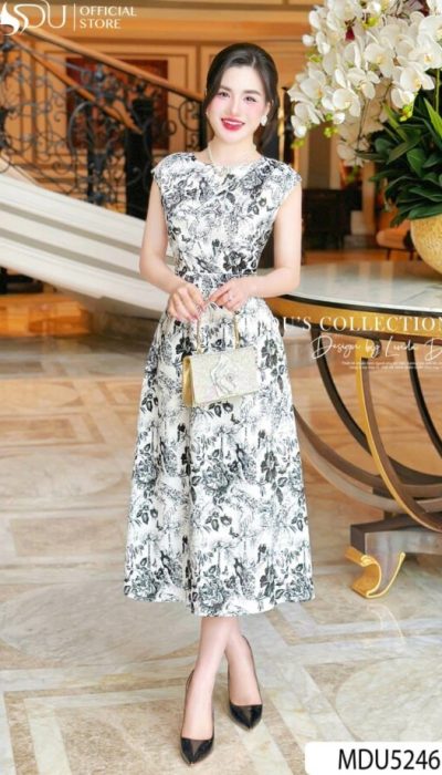 MDU5246 – ELEGANT BLACK AND WHITE FLORAL MIDI DRESS