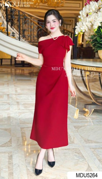 MDU5264 – ELEGANT OFF-SHOULDER DRESS WITH FLORAL DETAIL