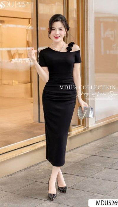 MDU5175 – SOPHISTICATED BLACK MIDI DRESS WITH ELEGANT DETAILS