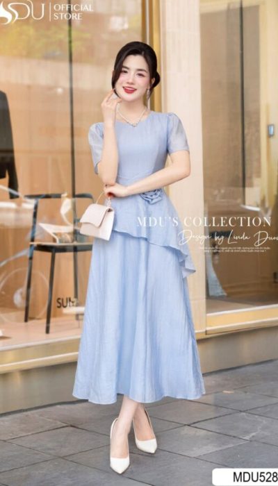 MDU5285 – ELEGANT LIGHT BLUE FLUTTER MIDI DRESS