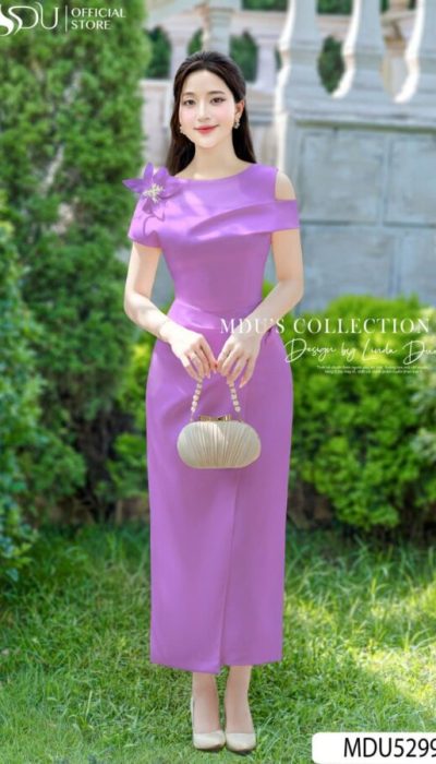 MDU5299 – SOPHISTICATED LAVENDER OFF-SHOULDER MIDI DRESS WITH FLORAL DETAIL