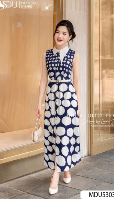 MDU5303 – CHIC NAVY AND WHITE POLKA DOT MIDI DRESS
