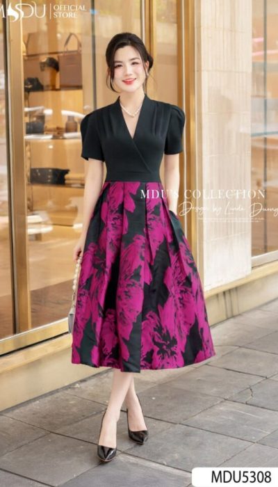 MDU5308 – ELEGANT BLACK & PURPLE FLORAL MIDI DRESS