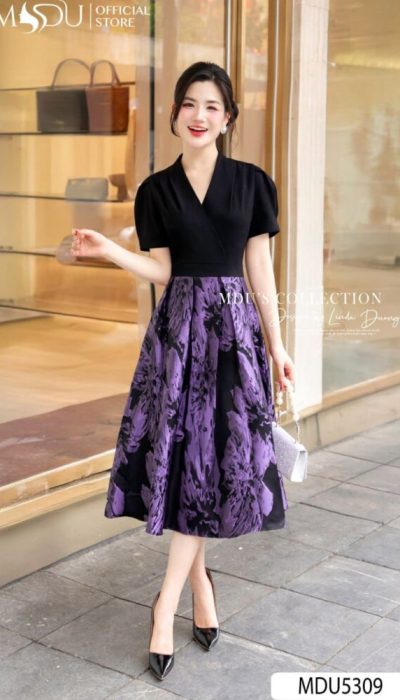 MDU5309 – ELEGANT BLACK & PURPLE FLORAL MIDI DRESS