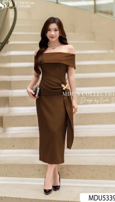 MDU5339 – SOPHISTICATED BROWN OFF-SHOULDER MIDI DRESS WITH FLORAL DETAIL