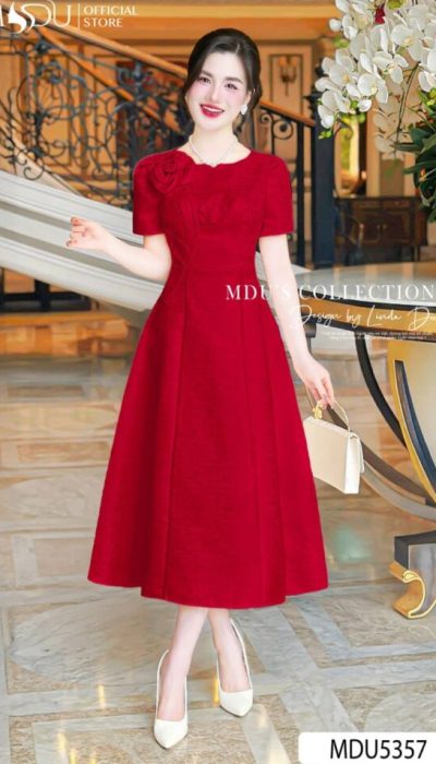 MDU5357 – ELEGANT RED TEXTURED MIDI DRESS WITH FLORAL DETAIL