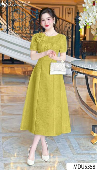 MDU5358 – CHARMING MUSTARD YELLOW MIDI DRESS WITH FLORAL DETAIL