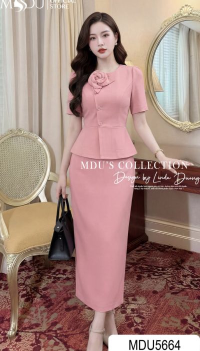 BLUSH ELEGANCE – REFINED PEPLUM SILHOUETTE WITH GRACEFUL FLORAL DETAIL | MDU5664