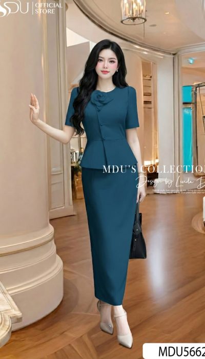 COBALT GRACE – REFINED PEPLUM SILHOUETTE WITH ELEGANT FLORAL ACCENT | MDU5662