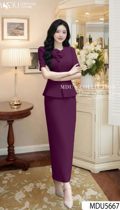 PLUM ELEGANCE – REFINED PEPLUM SILHOUETTE WITH SIGNATURE FLORAL DETAIL | MDU5667
