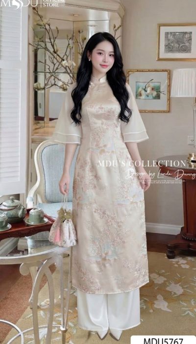 CREAM BROCADE ÁO DÀI – PEARL EMBELLISHED ELEGANCE | MDU5767