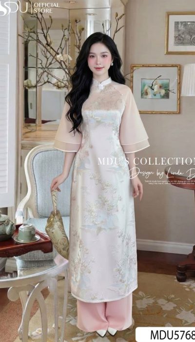 BLUSH PINK BROCADE ÁO DÀI – PEARL ACCENTED GRACE | MDU5768