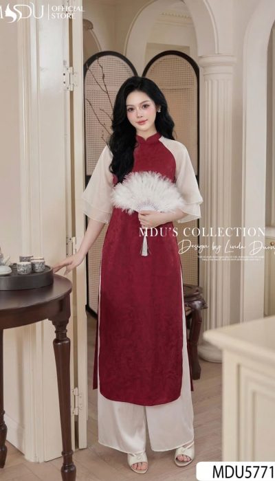 CRIMSON BROCADE ÁO DÀI – MODERN GRACE WITH SHEER SLEEVES | MDU5771