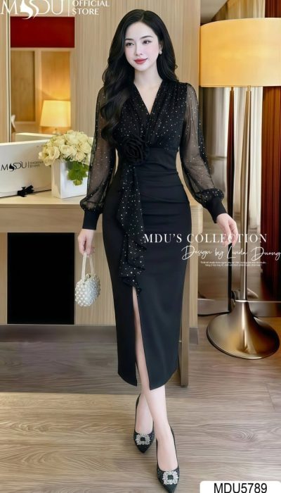 MIDNIGHT DRAPED DRESS – SCULPTED ELEGANCE WITH HANDCRAFTED FLORAL DETAIL | MDU5789