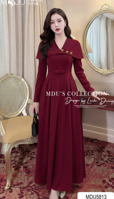 BURGUNDY GOLD JAPAN DRESS – ELEGANT CAPE SILHOUETTE WITH BELTED WAIST | MDU5813